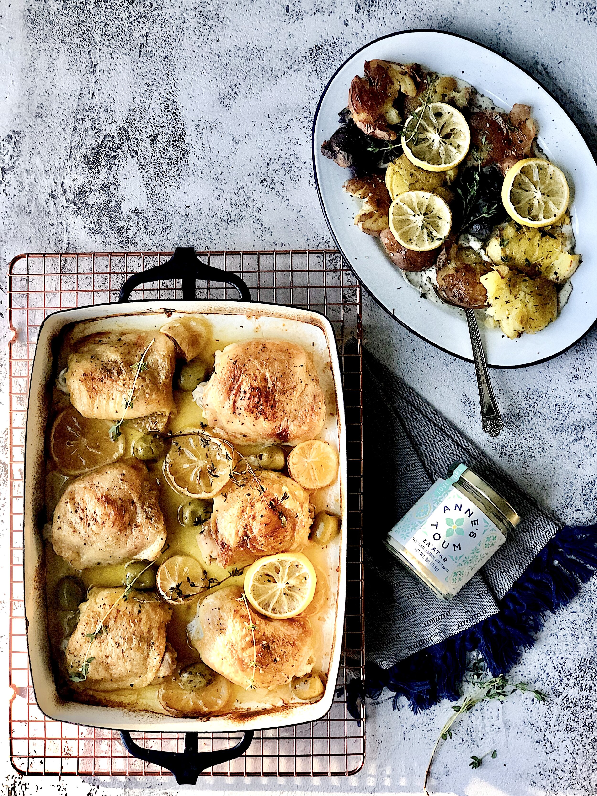 Olive Chicken with Crispy Smashed Potatoes